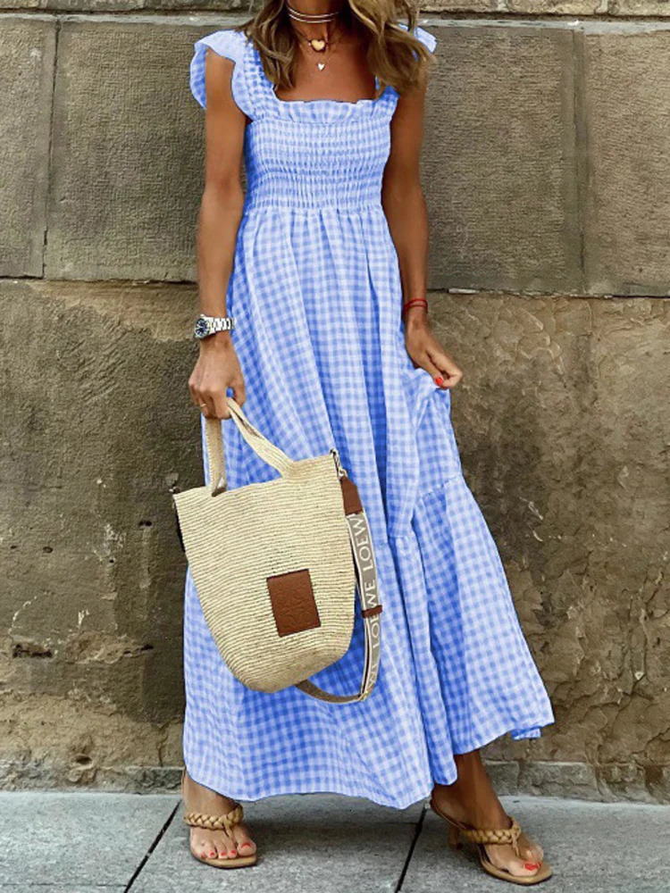 Elegant Plaid Slip Maxi Long Dress Summer Women Strapless Ruffle Backless Pleated Elastic Waist Boho Party Swing Loose Dresses 250614