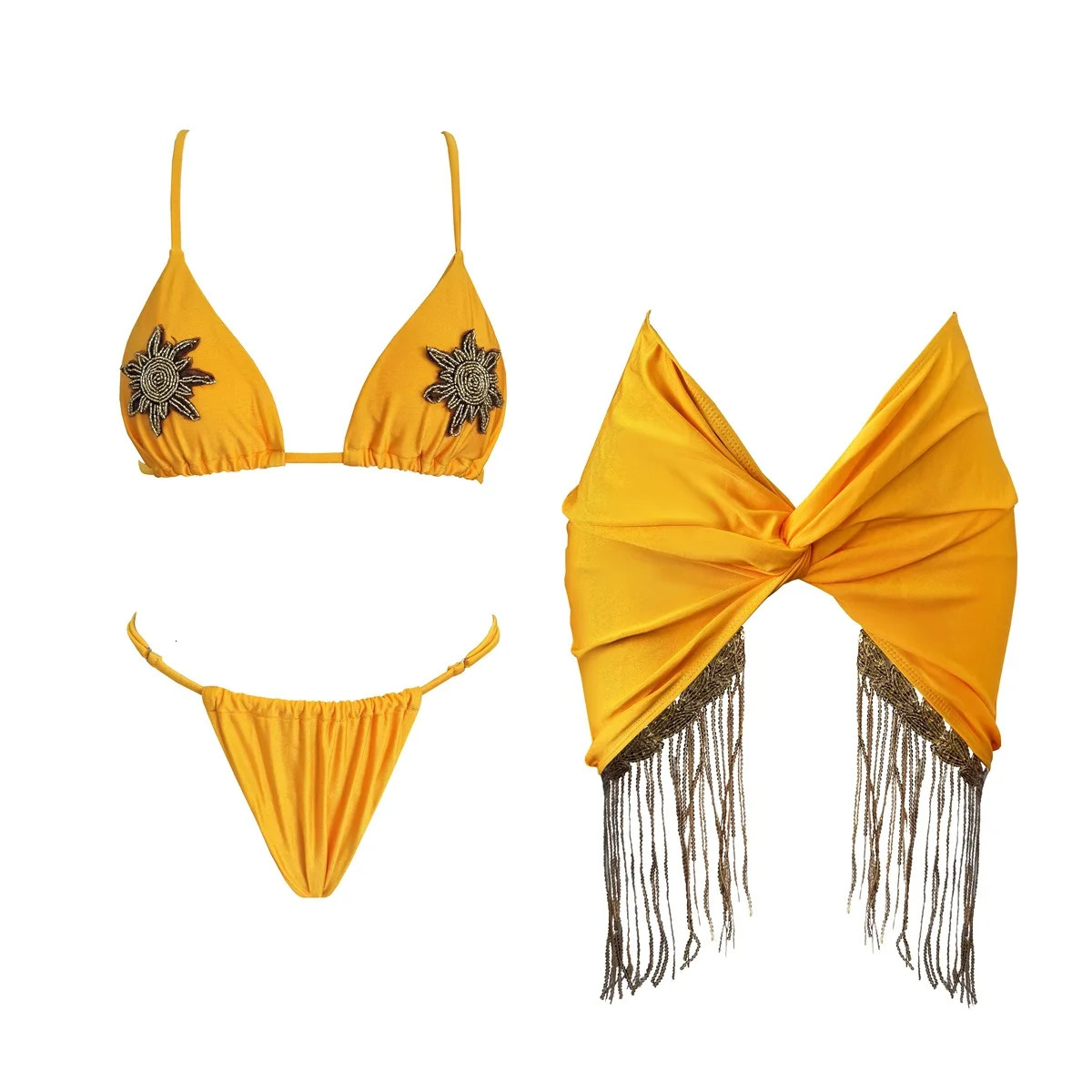 3Pcs Shiny Bikini Women Swimsuit 2025 Push Up Swimwear Brazilian Biquini Mini Skirt Female Solid Bathing Suits Beachwear 250614