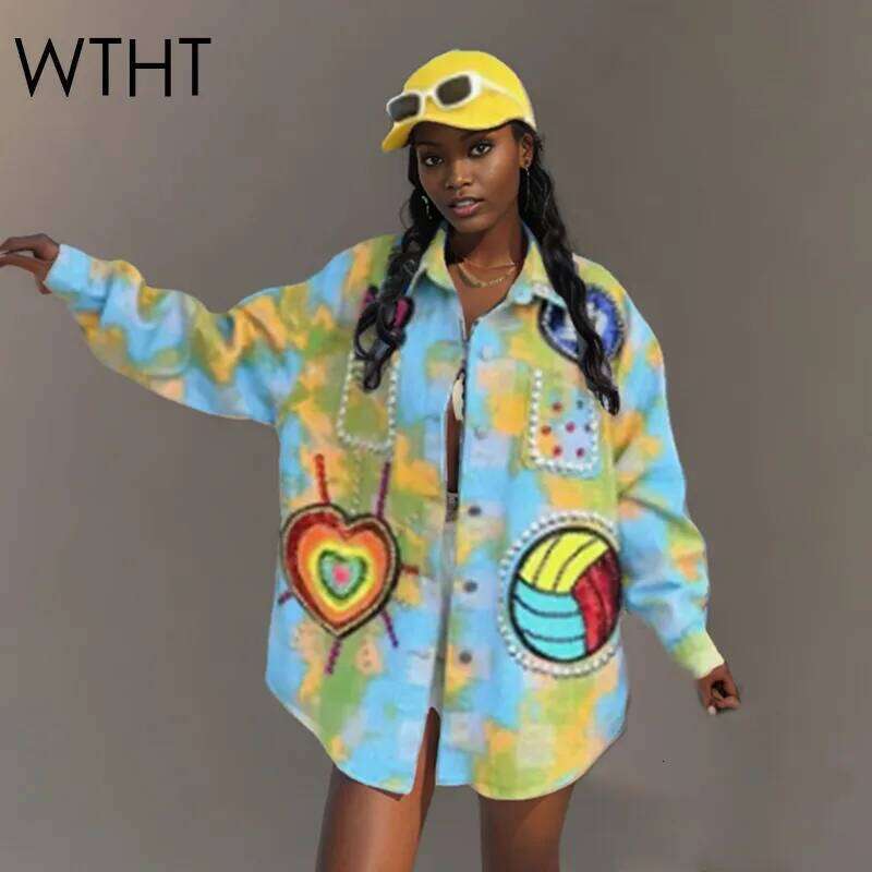 WTHT Fashion Women Cartoon Color Print Beading Denim Shirts Trendy 2025 Summer Long Sleeve Single-breasted Blouse Female 1LS1560