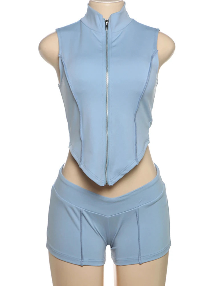 Weird Puss Lines Patchwork 2 Piece Set Women Zipper Cardigan Irregular Crop TopSkinny Peach Hip Shorts Simple Sporty Streetweas 250614