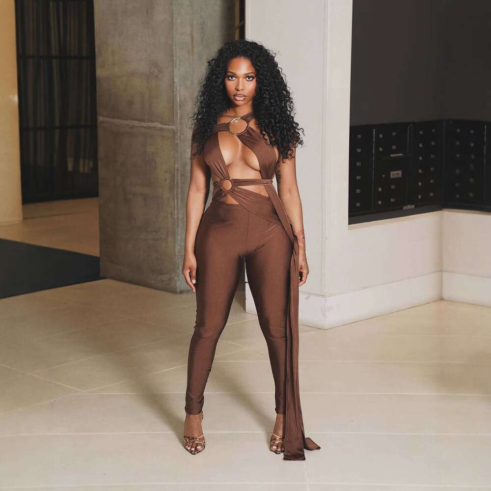 Summer New Women's Sexy Slim Hollow Out Ring Cross Tie Ribbon Bodycon Jumpsuit B5