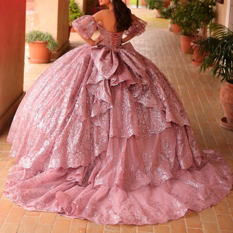 Pink Shiny Quinceanera Dresses Ball Gown Off The Shoulder Sequin Applique Lace Beading Bow Tull Sweet 16 Dress Vestidos 15 De Anos