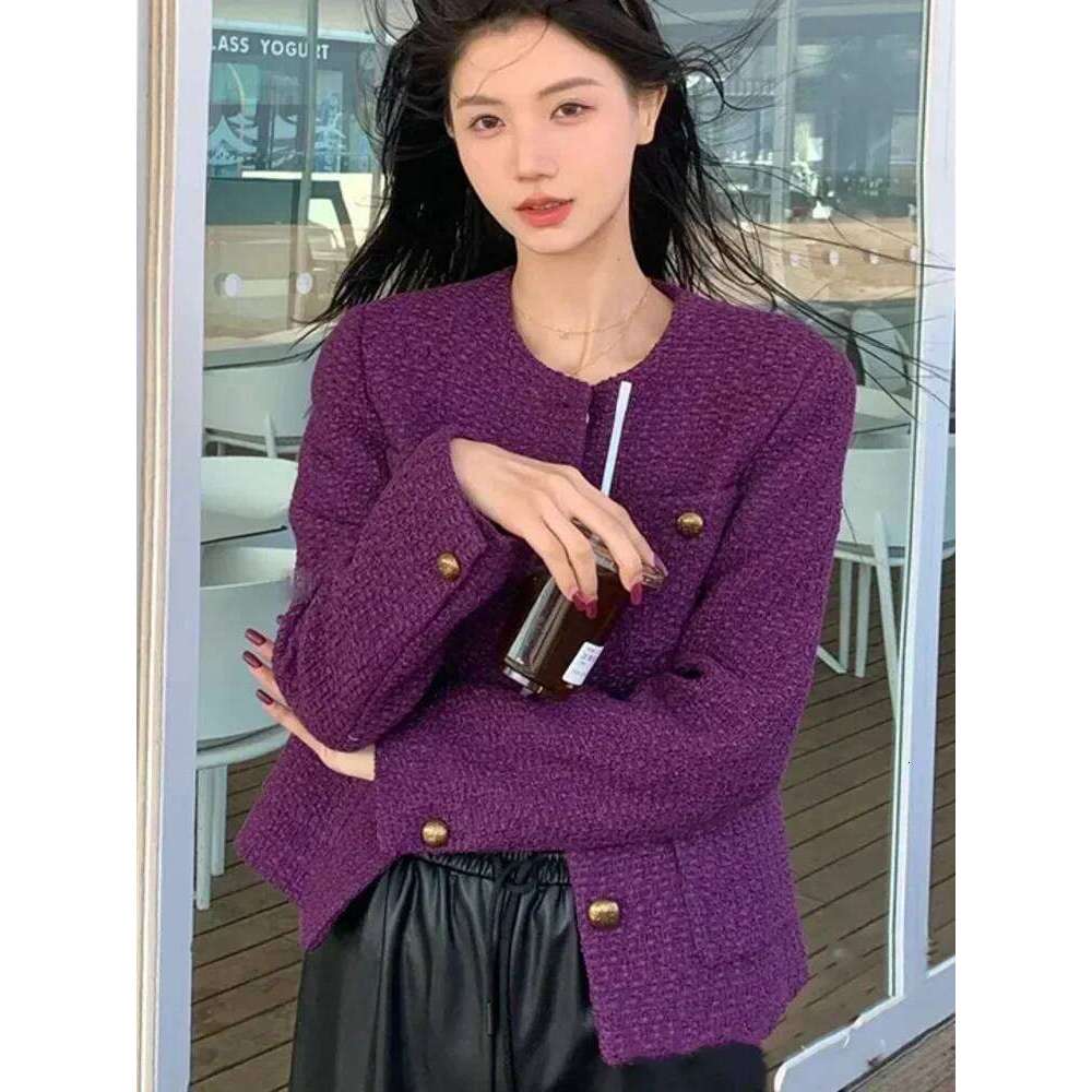 New Vintage Tweed Purple Jacket Women Long Sleeve Single Breasted Elegant Woolen Coat Korean Fashion Outwear Fall Winter