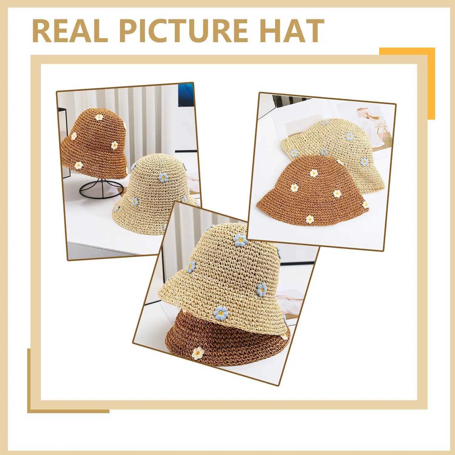 Womens Summer Flower-Embroidered Crochet Straw Bucket Hat - Foldable UV Protection Panama Sun Hat for Beach Travel M250616