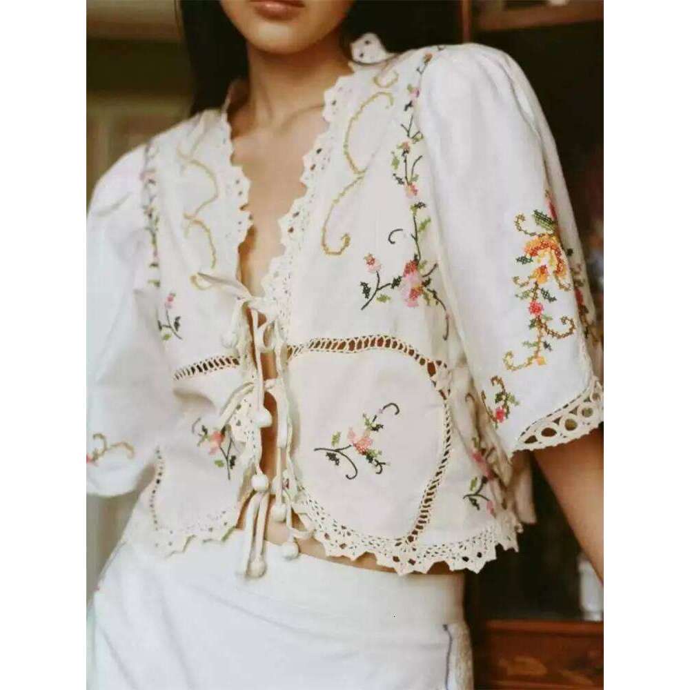 Women Floral Embroidery Short Blouse Lace-Up V-Neck Hollow Out Autumn 2024 Lady Cotton Linen Blend Sweet Fashion Shirt