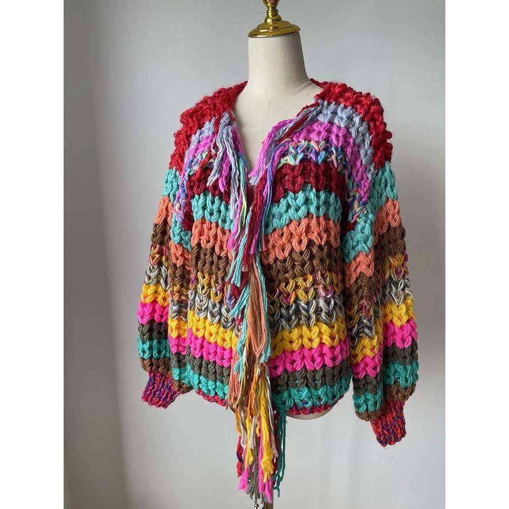 2025 Rainbow Color Tassel Front Chunky Knit Cardigan Winter Women Handmade Sweater Niche Design Knitwear Outfit