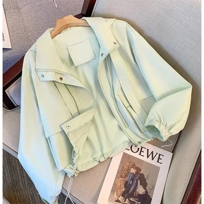 2025 Spring Autumn Coat Women Cropped Hooded Jacket Casual Thin Loose Clothes Windbreakers Female Tops Outerwear Overcoat 250614