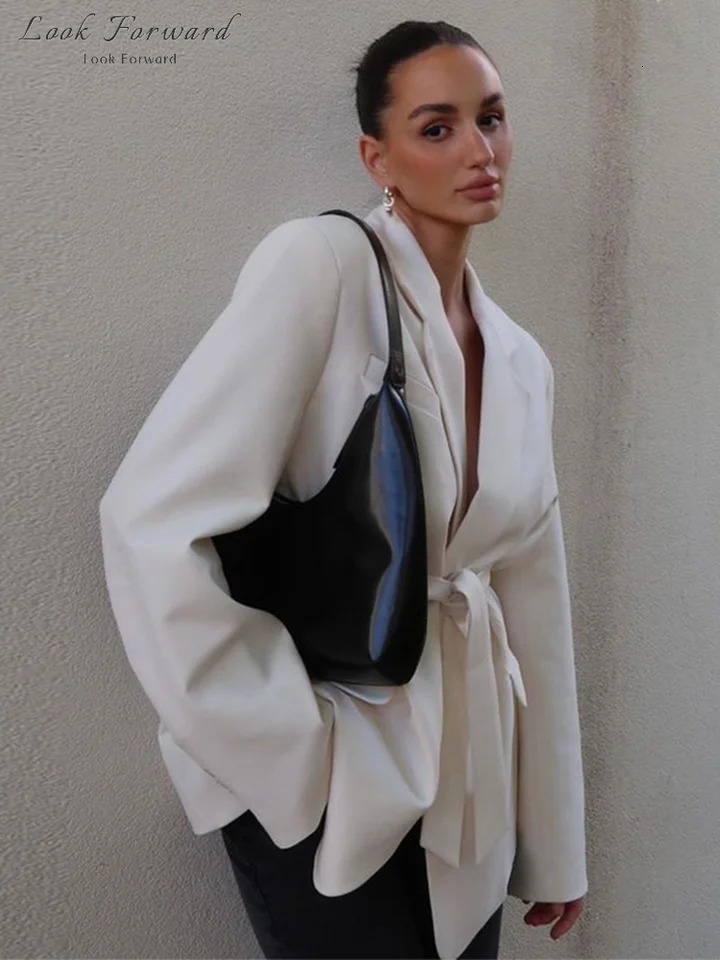 Casual Blazer Women Belt Lapel Long Sleeves Pocket Lace Up Female Coat Spring Autumn High Street Elegant Jacket Lady All-match 250614