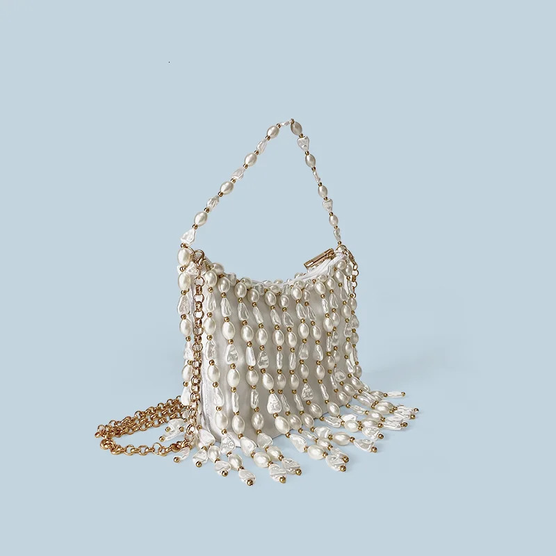 Chinese retro handmade woven bag irregular bead water bucket silk satin bread banquet handbag crossbody 250614