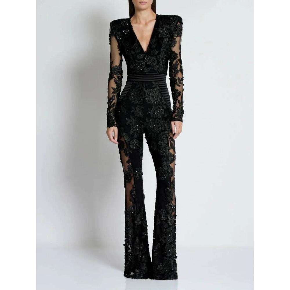 Sexy Deep V Neck Floral Dias Design Women Long Sleeve Lace Patchwork Beaded Wide Leg Jumpsuit Evening Runway