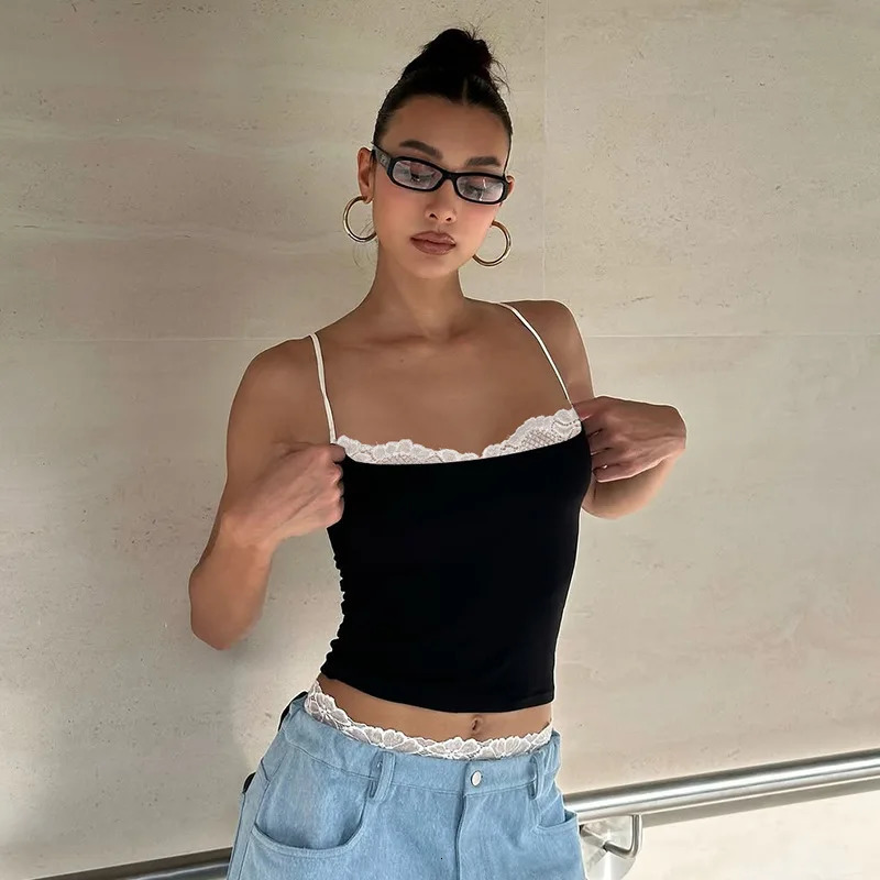 Cryptographic Summer Lace Trim Camisole Tops Club Party Outfits Backless Streetwear Sleeveless Crop Top Coquette Clothes 250614