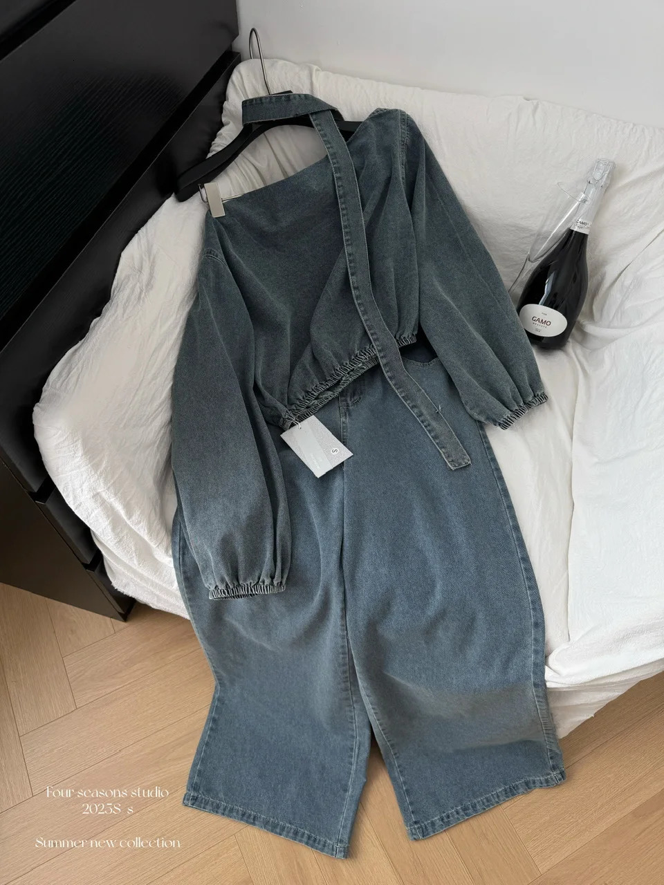 Summer Women Korean Rave Vacation Y2k 2000s Outfits 2 Piece Pants Set Off Shoulder Denim Long Sleeve Crop Top Long Baggy Jeans 250614