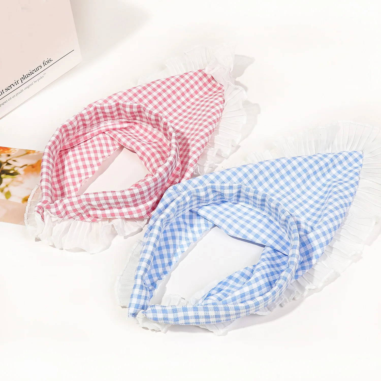 French Plaid Headband Lace Triangle Scarf Hair Bundle Pastoral Style Girl Headband Small and Fresh 250610