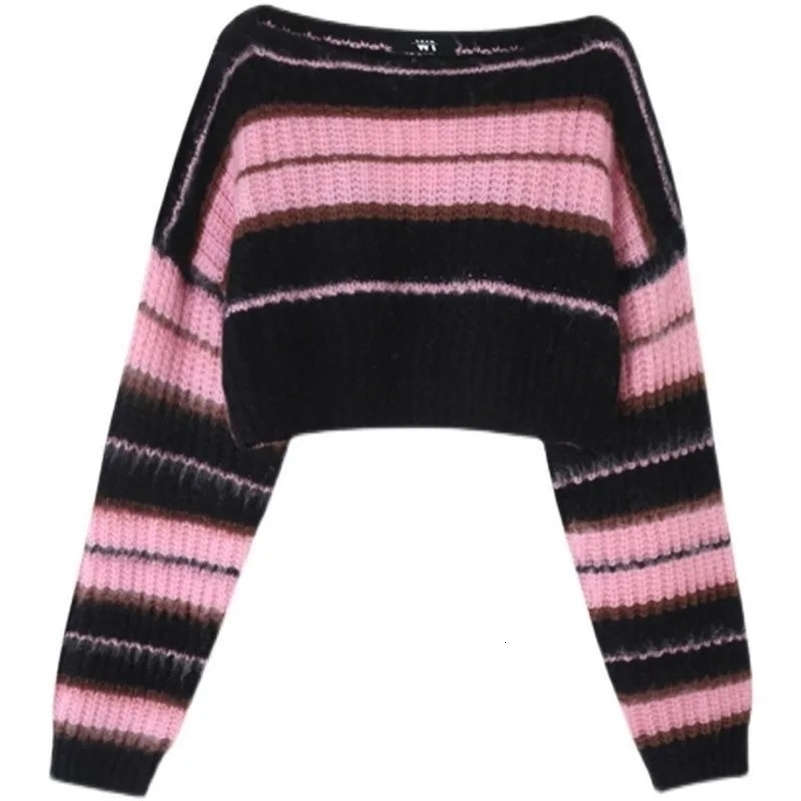 Y2K Korean Style Pink Cropped Sweater Women Striped Jumper Vintage Female Autumn Long Sleeve Crewneck Pullovers Tops yy250530
