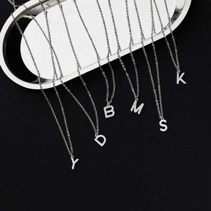 Silver Color Tiny A-Z 26 Alphabet Initial Letters Name Pendant Necklace With Full Shiny Zircon For Girls Best Gift S-N364 W250616
