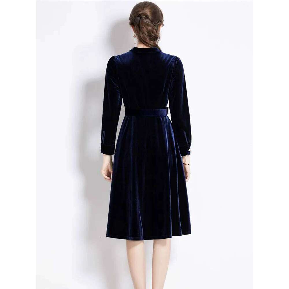 Autumn Vintage Solid Veet for Women Winter V-neck Long Sleeve Belts Slim A-line Midi Dress Robes Femme