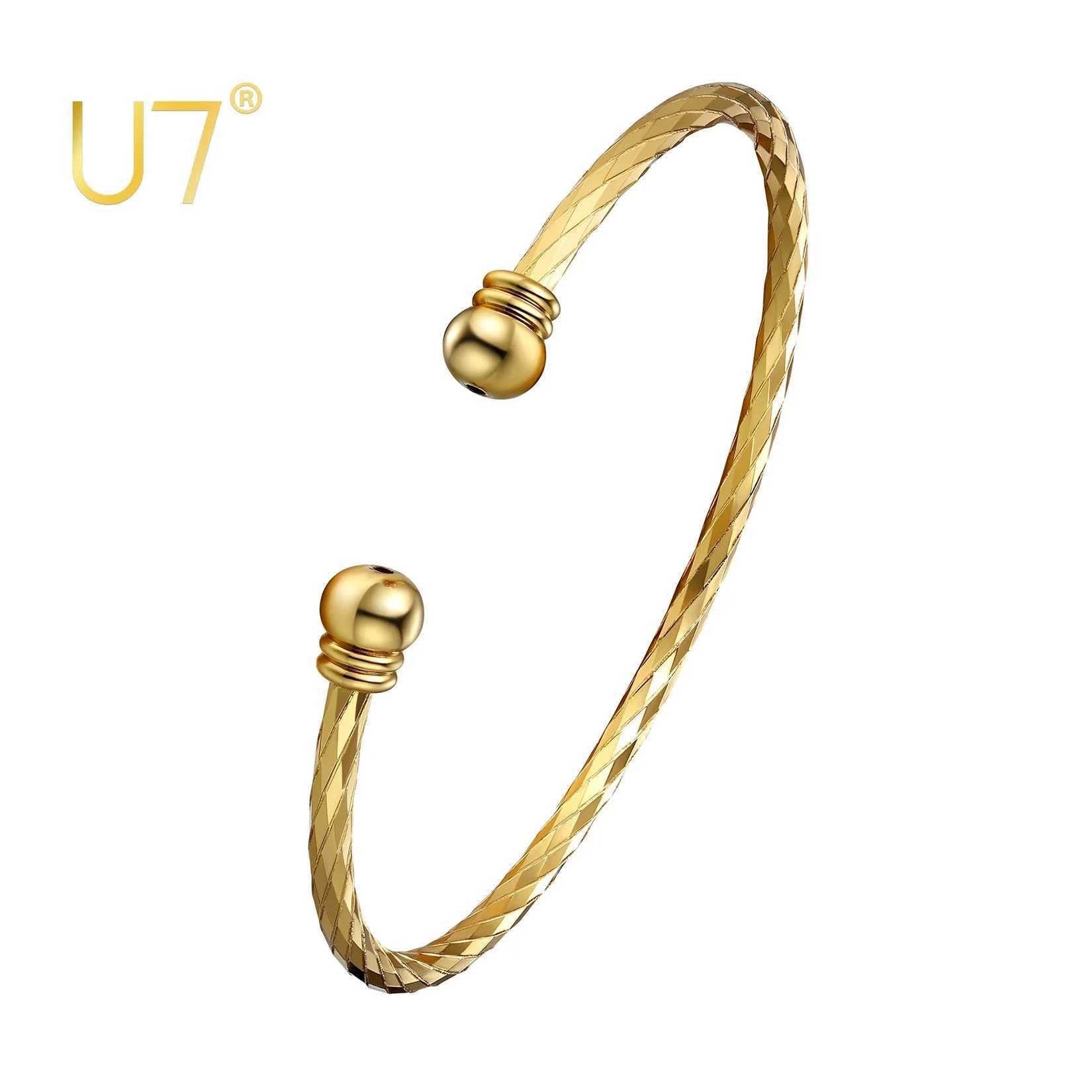 U7 Simple Twisted Pattern Beaded End Open Cuff Bangle Daily Jewelry Z250616