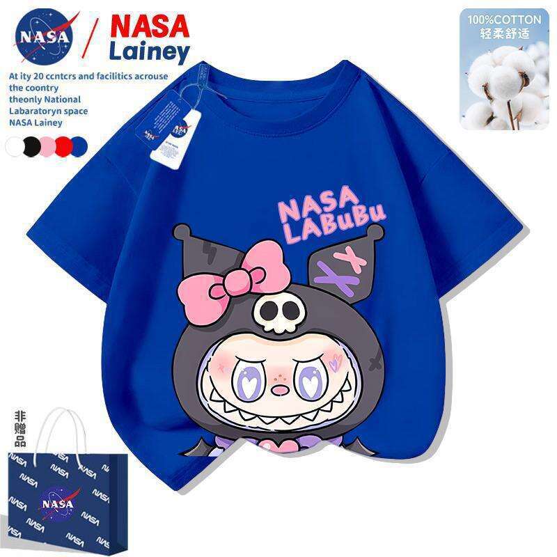 NASA Children's Labubu Boys and Girls Short Sleeve T-Shirt Cute Fashion Cartoon Versatile Top