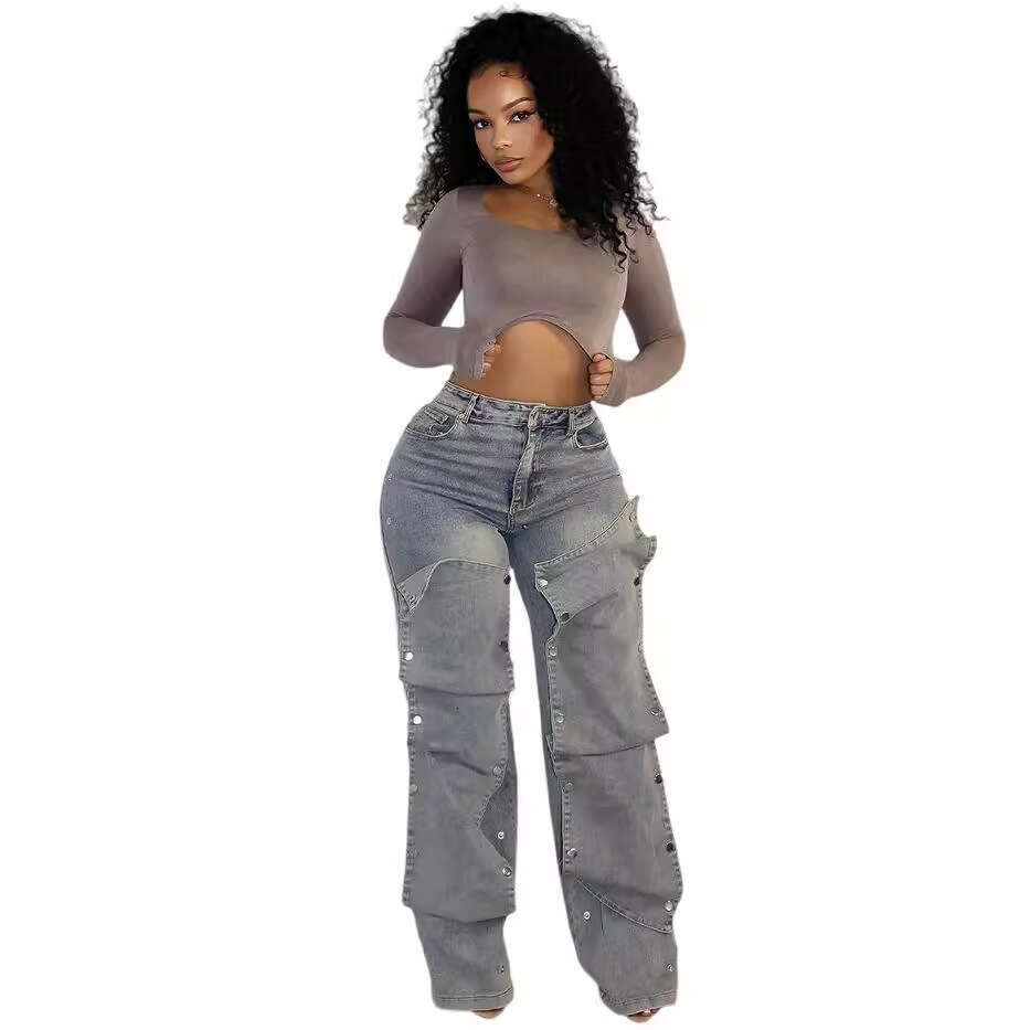 Women's Straight Leg Jeans Autumn Street Fashion Detachable Button High Waist Pants 2025 New Elegant Chic Clothing