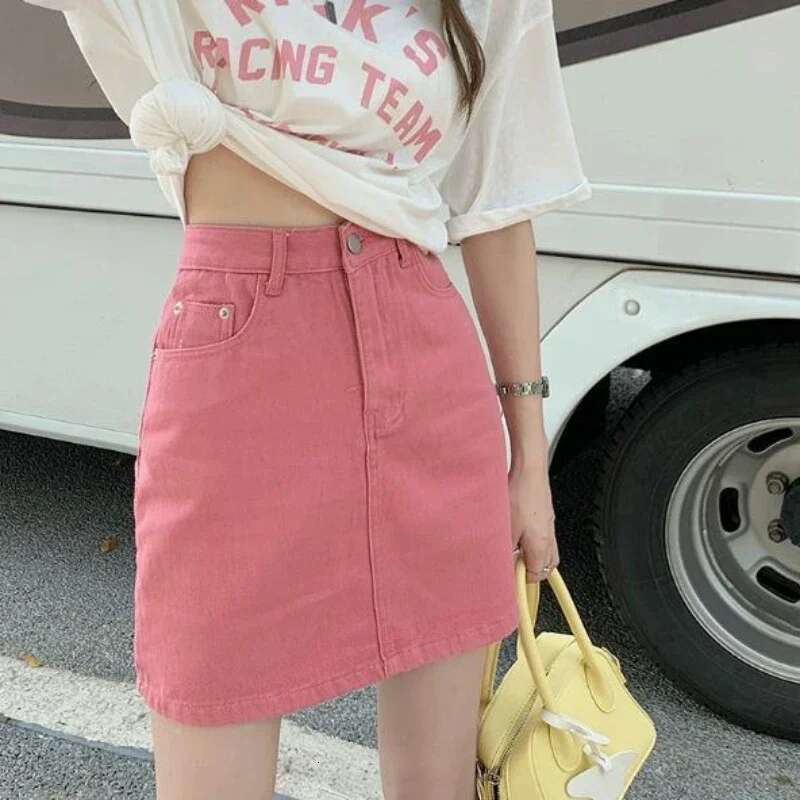 Mini Short Kawaii Zipper High Waist with Pocket Tight Woman Denim Skirt Jeans Skirts for Women Pink Wrap Cute Chic and Elegant V