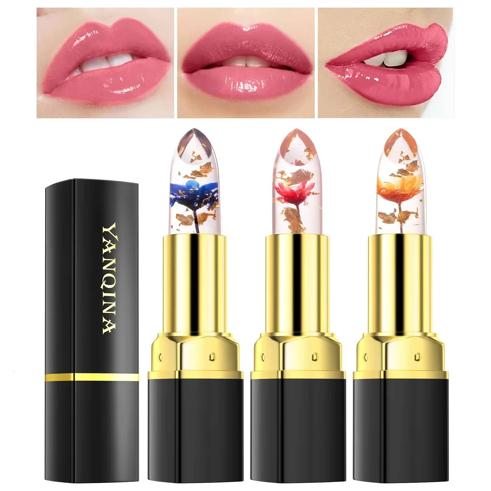 YANQINA Magic Changes Florett Jelly Long Lasting 24 Hours Gold Foil Lipstick Cosmetics Woman Makeup happy