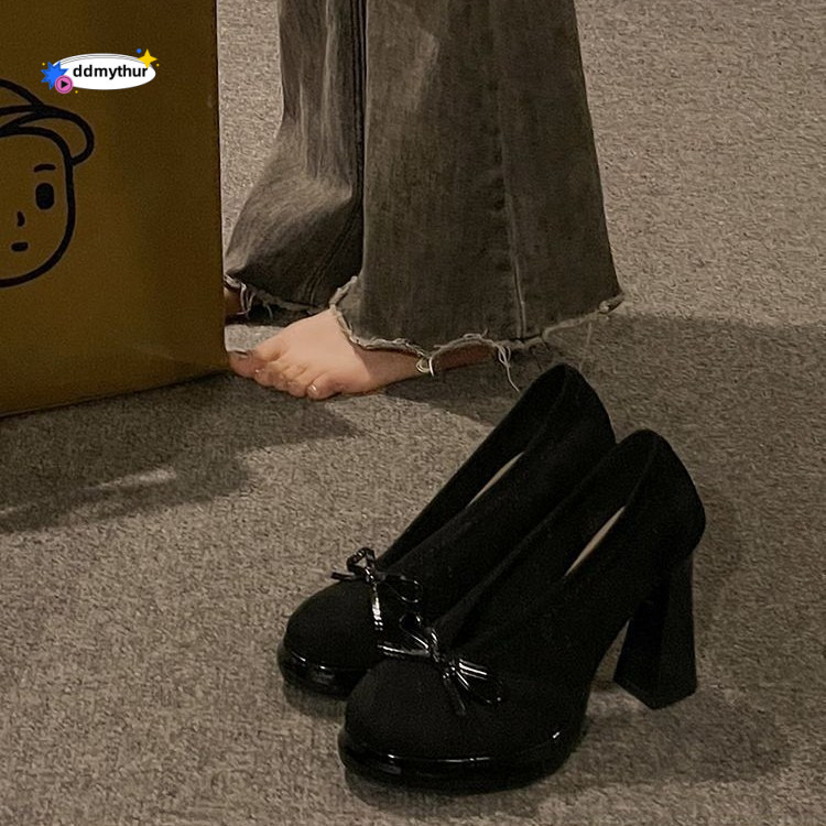 French Style Chunky Heel Elegant Mary Jane Shoes for Women 2025 Spring Summer New Versatile Bowknot Deep V High Heels ddmythur