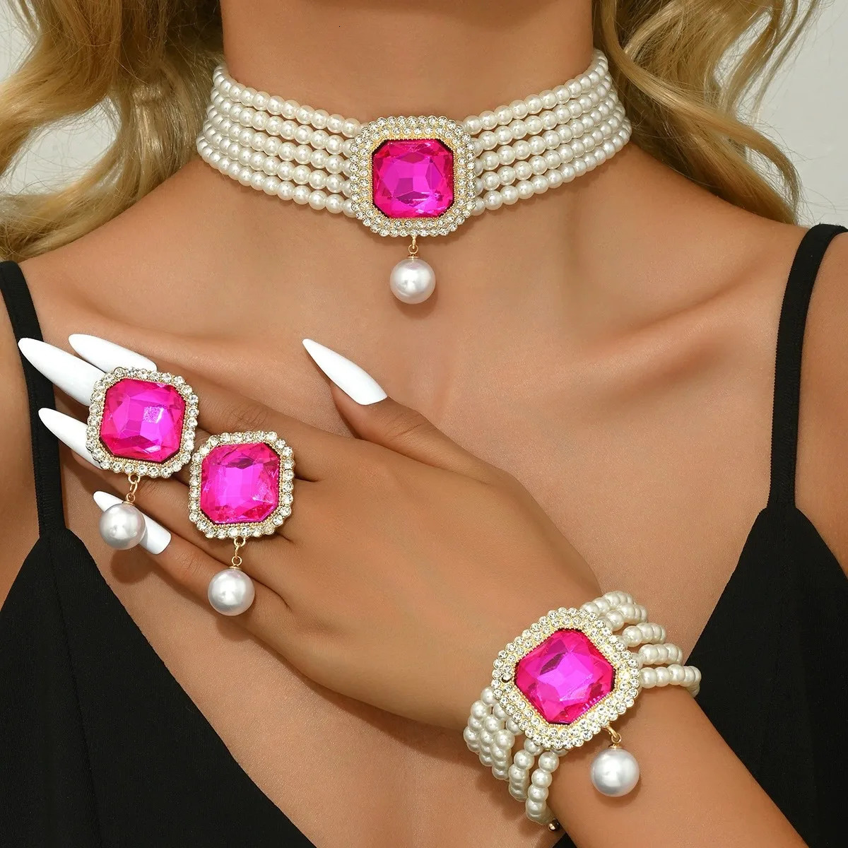 KMVEXO Elegant Crystal Square Pearl Necklace Bracelet Stud Earrings Set for Women Choker Jewelry Sets Lady Party Gift 250609