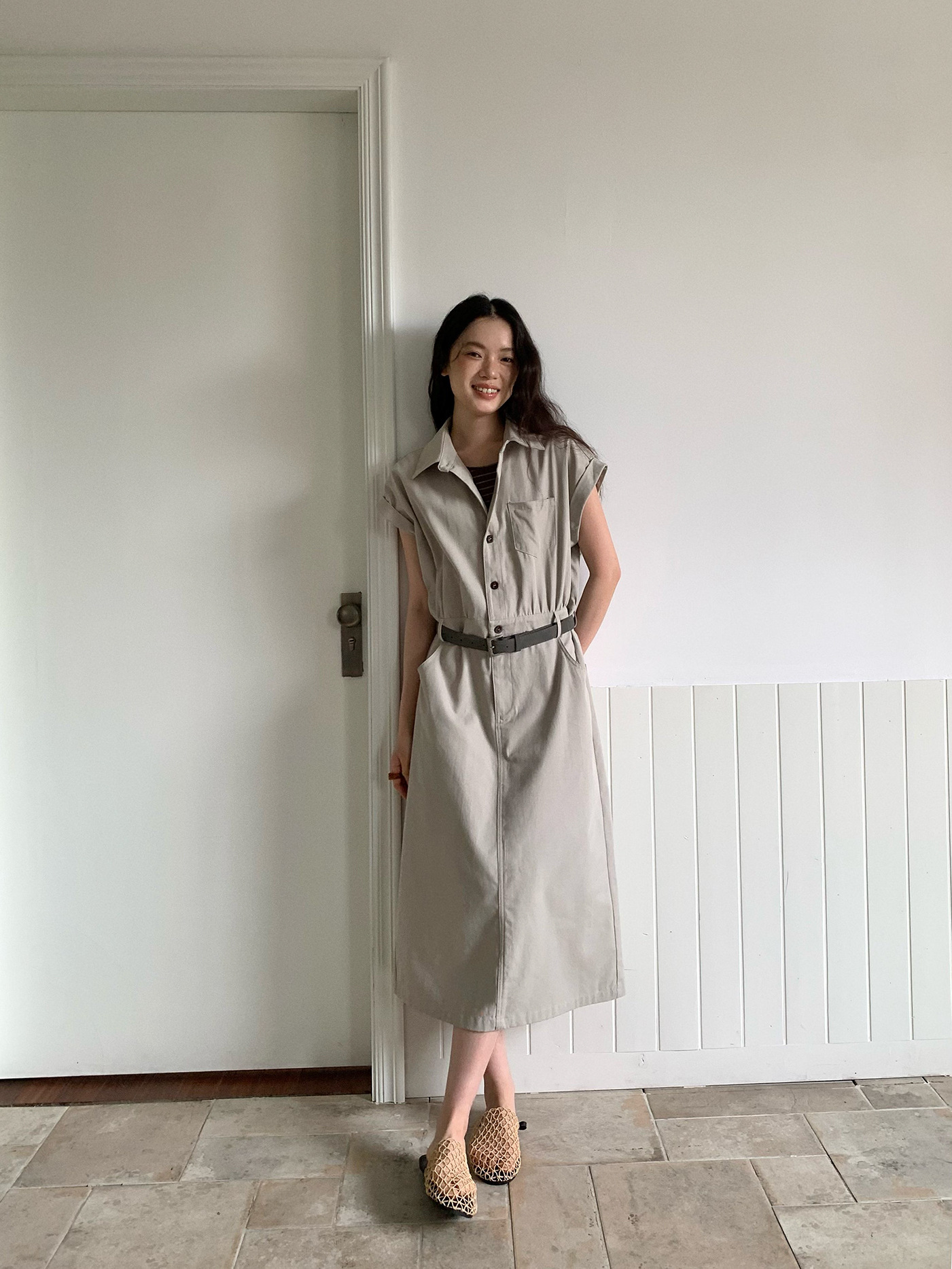 GY240 Flying sleeve waist mid-length style simple casual dress