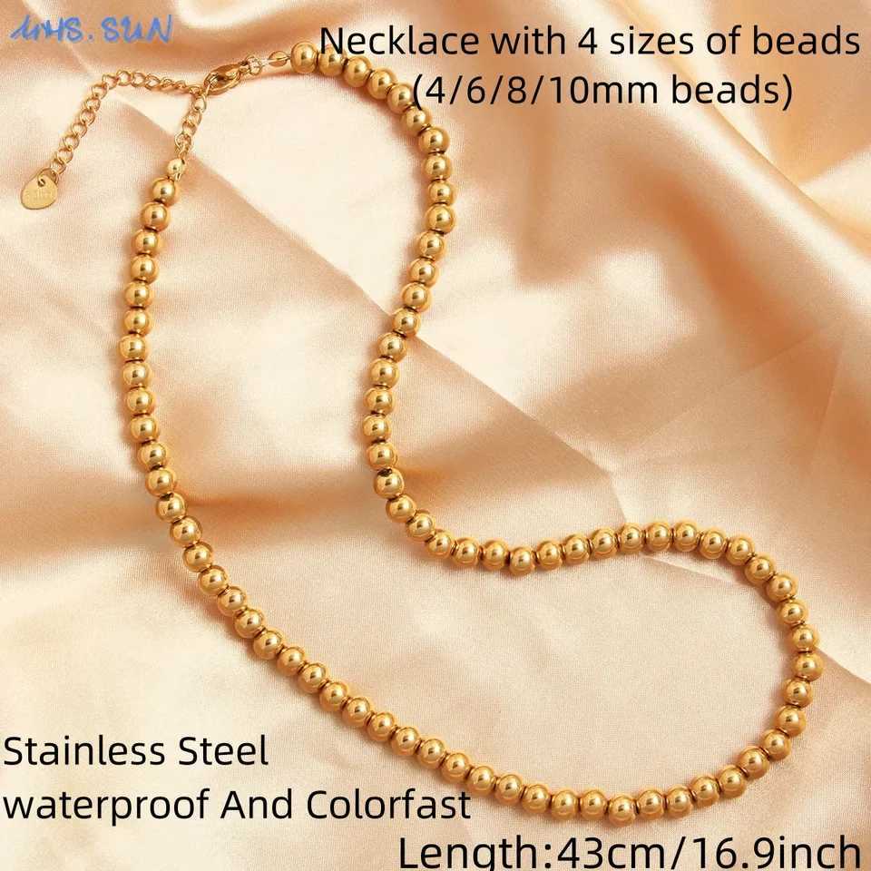 MHS.SUN Fashion Stainless Steel Gold Color Ball Beaded Pearl Necklace 4/6/8/10MM Metal Beads Adjustable Jewelry for Women Men M250616