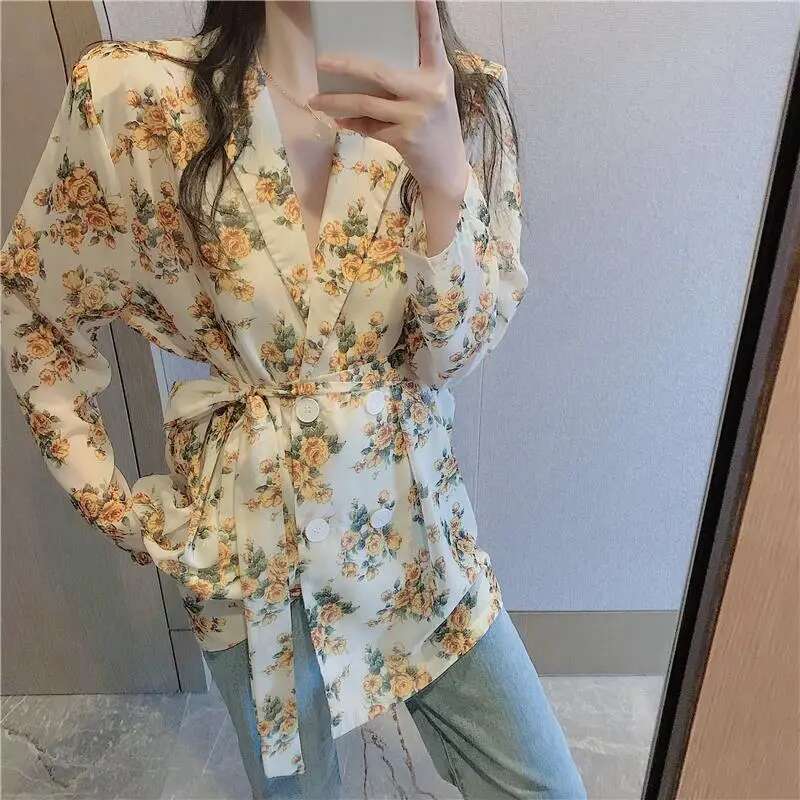 Womens Shirts And Blouses Button Up Top For Woman With Bow Clothing Floral Loose Sleeves Y2k Elegant Youth Xxl Stylish M