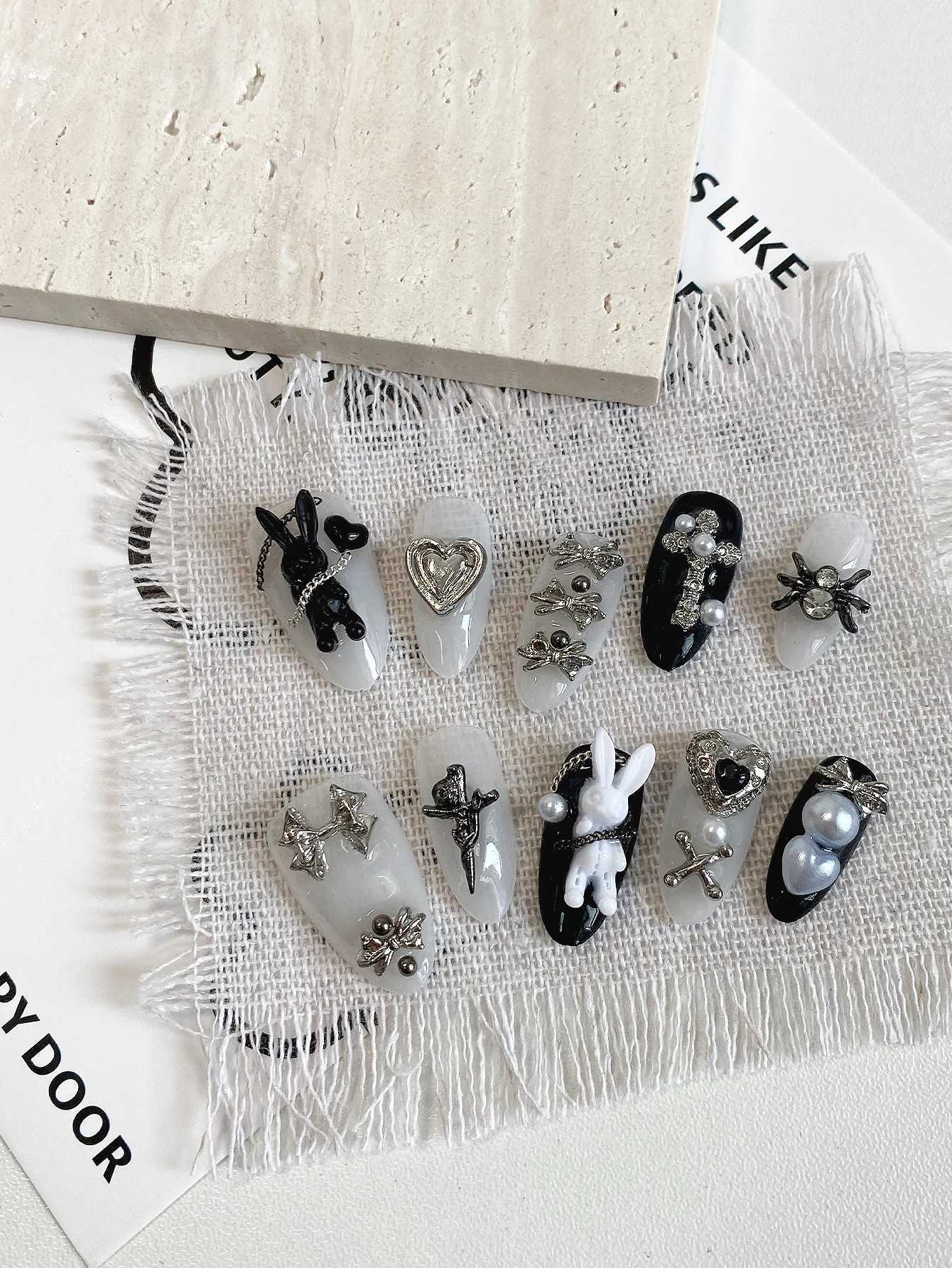 10-piece pressing long nails four-season manicure fake nails dark gothic manicure art DIY black pattern design black heart di R250616
