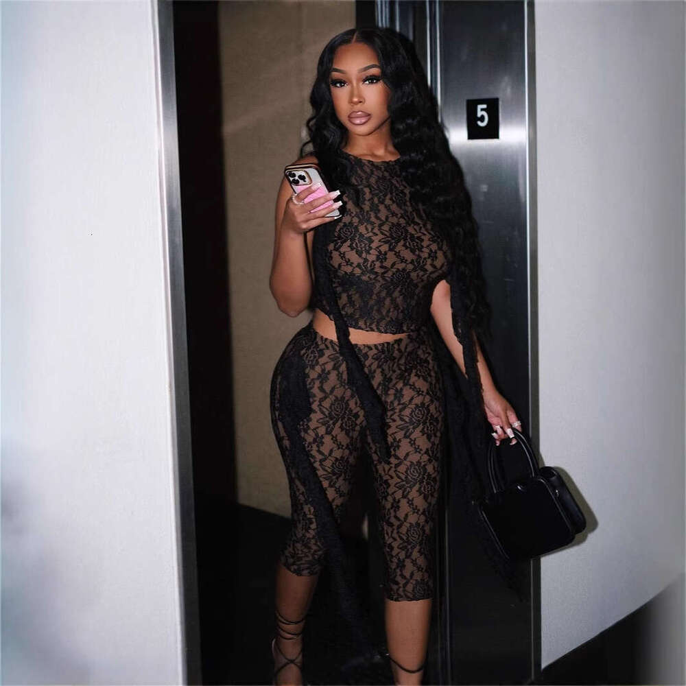 Women's Sheer Lace Hollow Out Crop Sleeveless Round Neck Top Bodycon Sexy 7/8 Pants Set B5