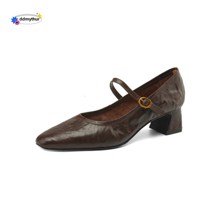 Slimming Square Toe Genuine Shallow Mouth Single for Women, Chunky Heel French Mary Jane Shoes, Burgundy Mid-Heel Leather Shoes ddmythur