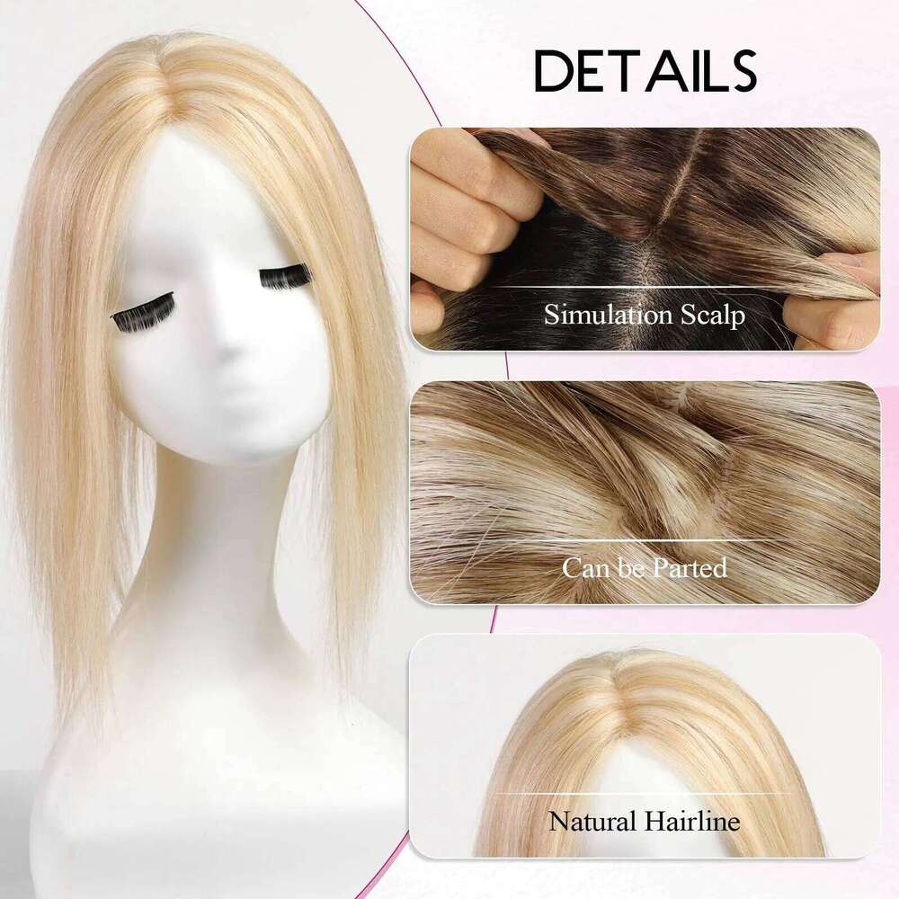 Blonde Highlight 14 inch Human Toppers No Bangs 3Clips Silk Big Base Cover in Topper for Women Loss Hair
