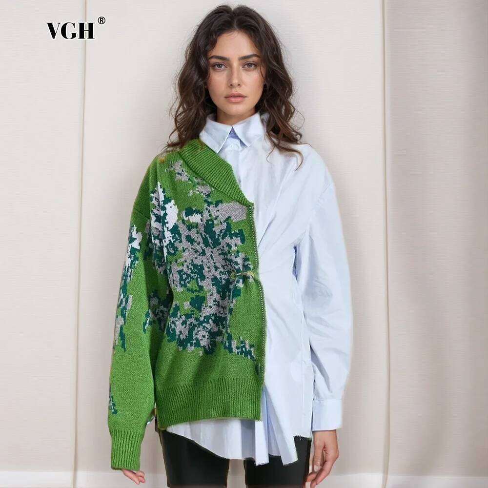 VGH Hit Color Spliced Metal Casual Shirts For Women Lapel Long Sleeve Patchwork Knitting Minimalist Tunic Blouses Female Style