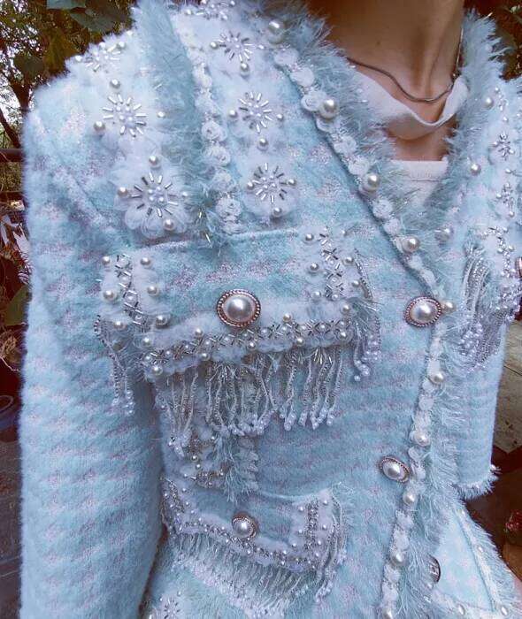 3D Flowers Embroidery Tassels Pearls Beaded Tweed Jacket Thick Lace Floral Dias Weave Cardigan Coat Fringed Edge Tops