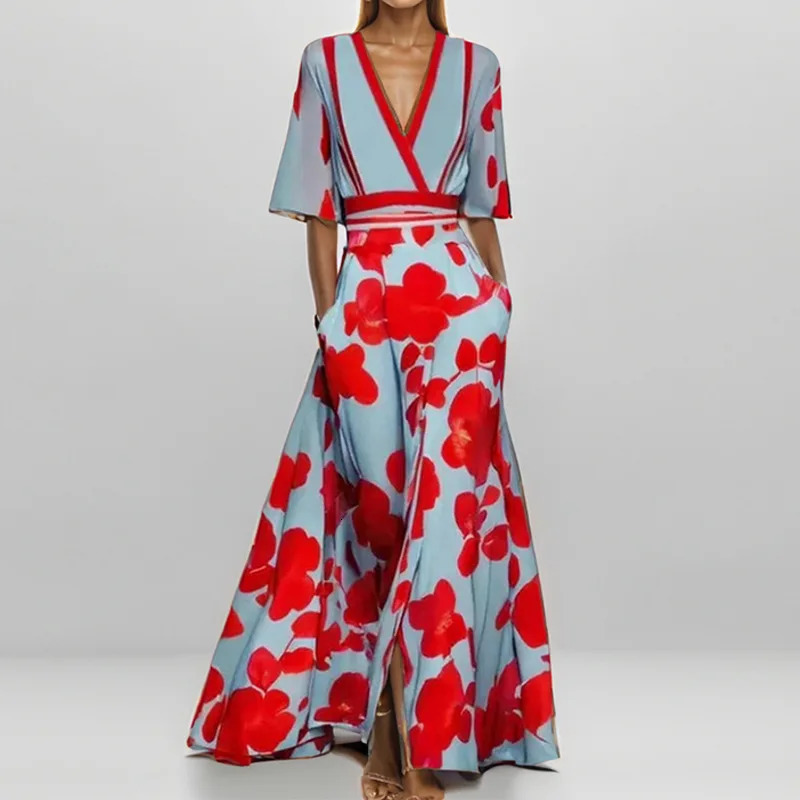 Spring Summer Women Fashion V Neck Belted Party Long Dress Sexy Printing Boho Maxi Dresses Short Sleeve Pocket Female Holiday 250609
