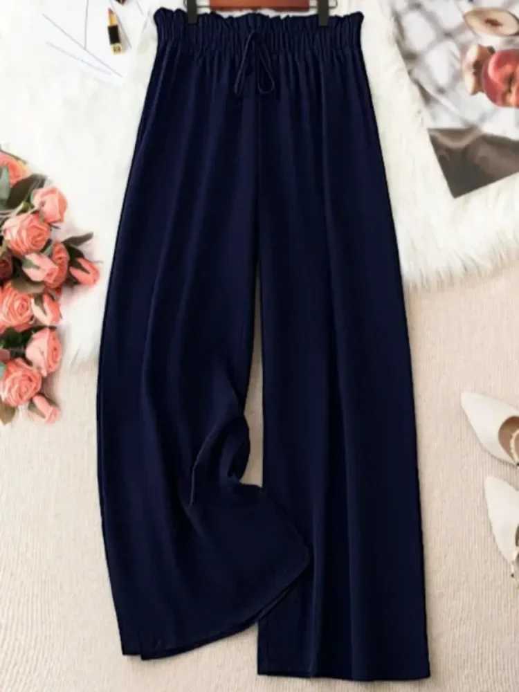 Plus Size 1XL-5XL Women Fashion Solid Color Wide Leg Pants Fe Casual Ele Drstring High Waisted Loose Long TrousersXJ250616