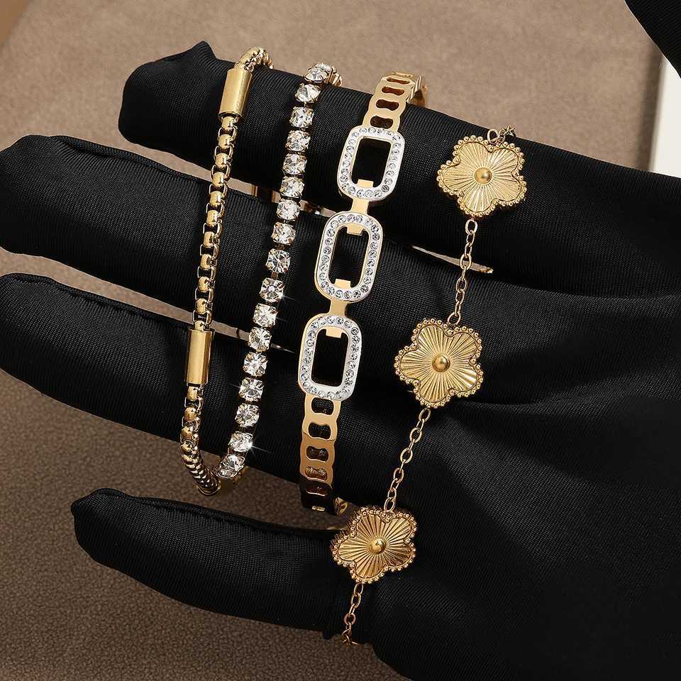 ZAKOL 3Pcs Gold Color Stainless Steel Stacked Bangles for Women Geometric Five- Flower Zircon Inlaid Gift Z250616