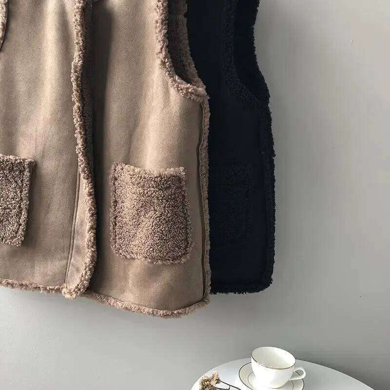 Korean Style Women Faux Lamb Wool Vest Tops Sleeveless Winter Coat Gilet Femme Fashion Brown Jackets Thicken Outerwear