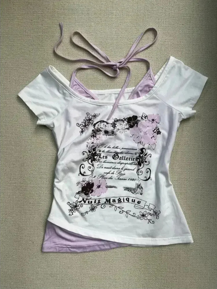 Vintage Two Piece Halter Lace Up T-shirts Y2k Slim Fit Print Tops Women Off Shoulder Short Sleeve Tee Shirt 250614