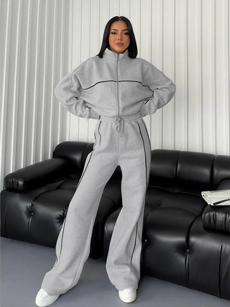 long-sleeved half-turtleneck cardigan hoodie lace-up striped Outdoor sports casual 2 piece pantsuit womens clothing 250614