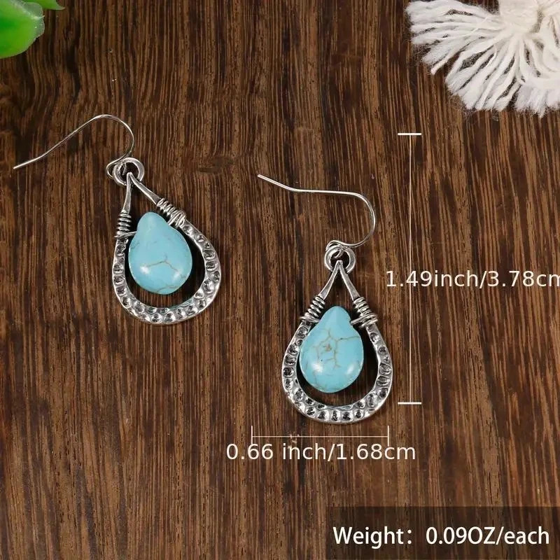 Vintage Droplet Shape Blue Turquoise Decor Dangle Earrings Retro Boho Style Silver Plated Jewelry Tourism Souvenir 250610