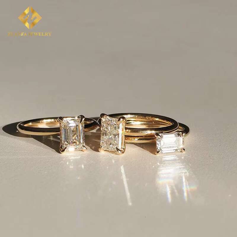 Emerald Cut Lab Diamonds Rings 10K Solid Gold Engagement Solitaire Diamonds Rings for Women