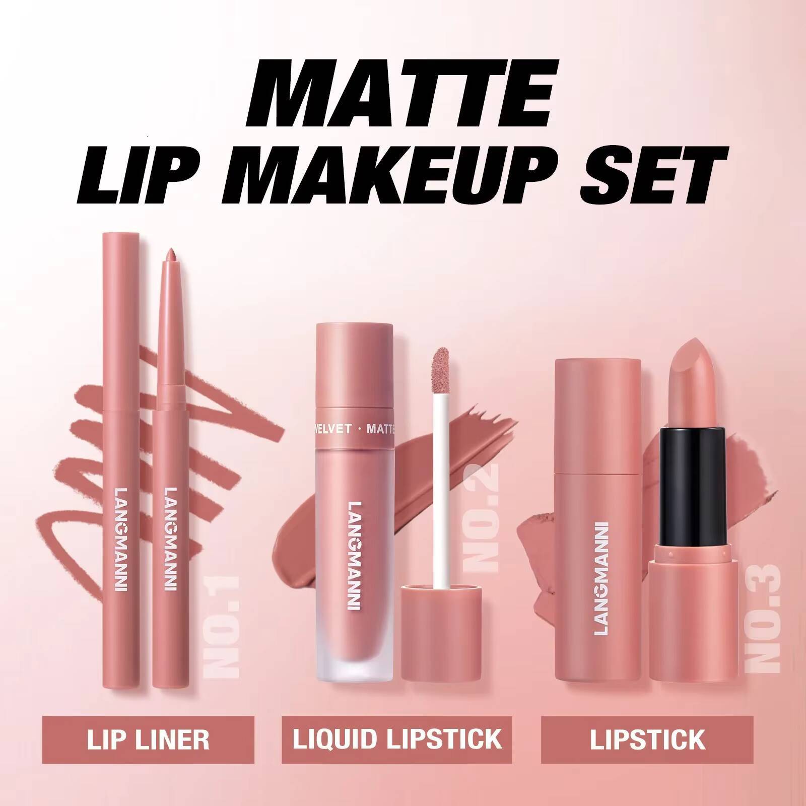 3PCS Matte Lipstick Set Nude Brown Velvet Liquid Gloss Waterproof Non-stick Cup Lip Liner Plumper 24HR Lasting Not Easy Fade happy