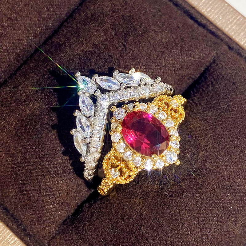 Choucong Brand Wedding Rings Luxury Jewelry 18K White Gold Fill Oval Cut Red Garenet Marquise Zircon CZ Diamond Court Party Women Couple Crown Ring Se