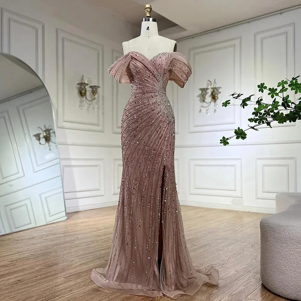 Serene Hill Off Shoulder Pink Mermaid Beaded y Evening Dress with Side Split Formal Occasion Saudi Customize BLA72481 250612
