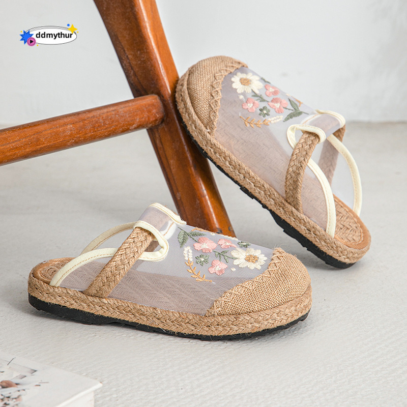 W001 Summer New Mesh Women's Shoes Ethnic Style Elegant Small Flower Embroidered Round Toe Cloth Slippers for Women ddmythur