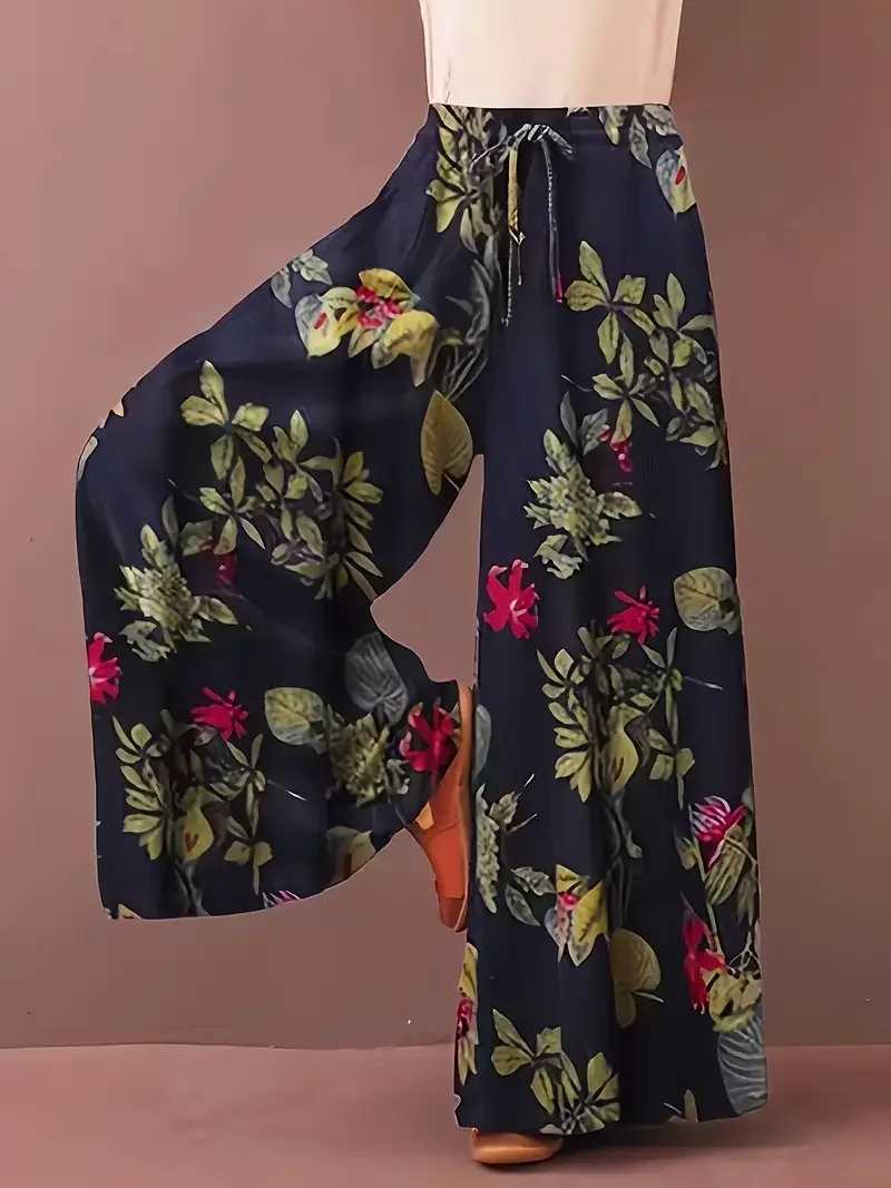 Plus Size 1XL-5XL Women Fashion Ele Floral Print Wide Leg Pants Ladies Casual Loose Fit Long Trousers with PocketsXJ250616