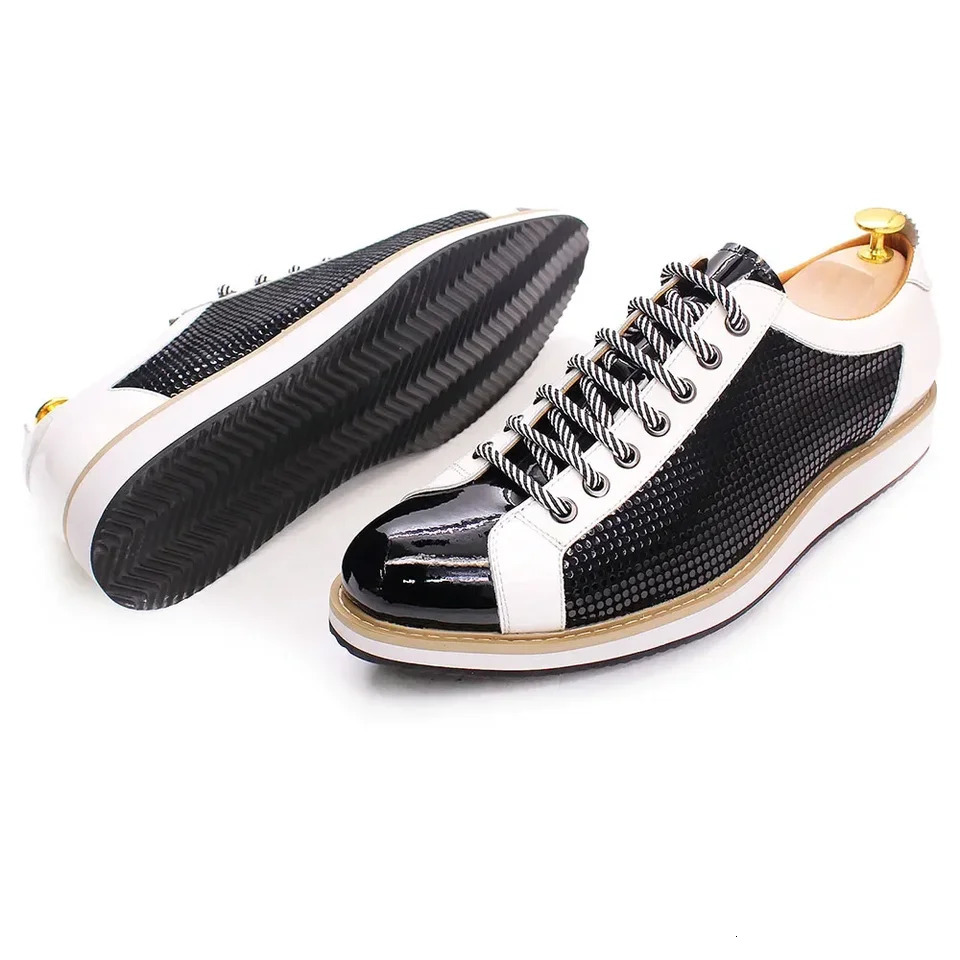 Large Size Mens Flat Sneakers 6 to 13 Patent Leather Laceup Black White Casual Shoes for Men 250612
